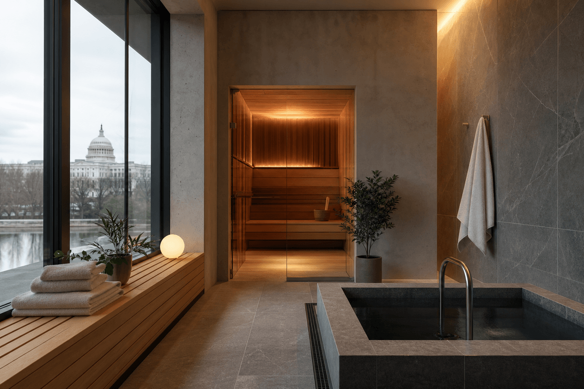 A calm modern bathhouse interior in Washington DC with a sauna and cold plunge, soft light