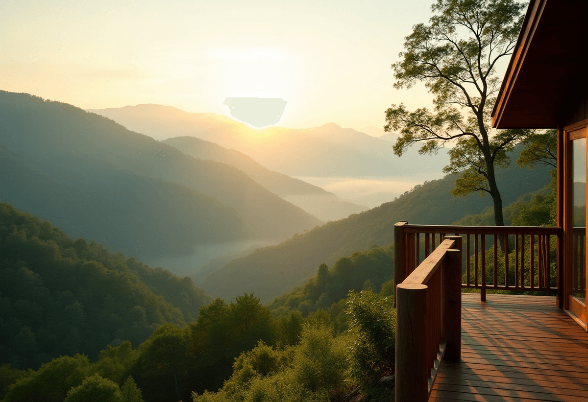 Misty Blue Ridge mountain ridgelines near Asheville at golden morning light, a calm wellness-retreat setting