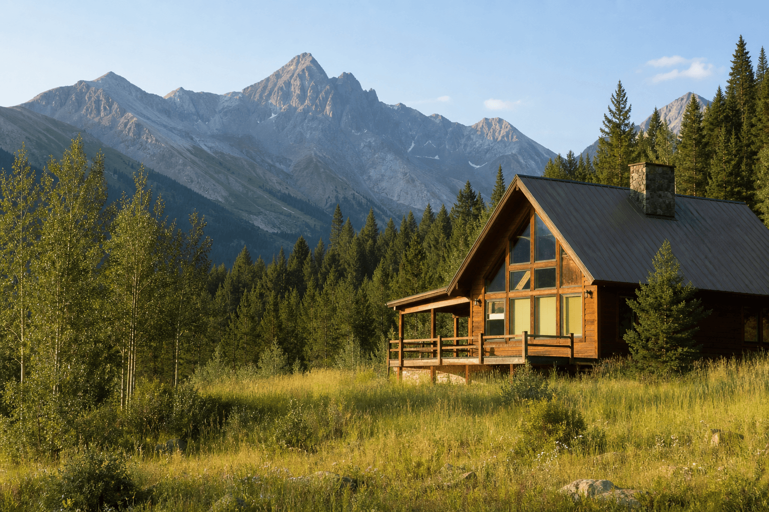 A quiet wooden retreat lodge in a Colorado mountain meadow with pine forest and peaks behind it in clear morning light