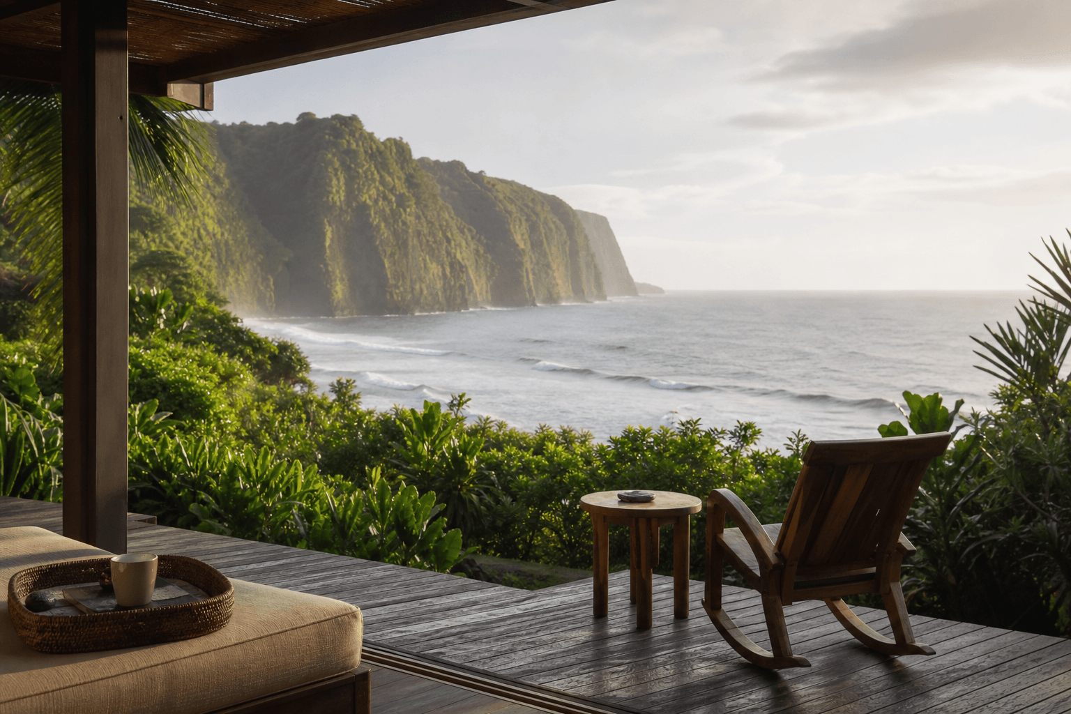 A quiet open-air retreat deck overlooking lush green cliffs and the ocean in soft Hawaiian morning light
