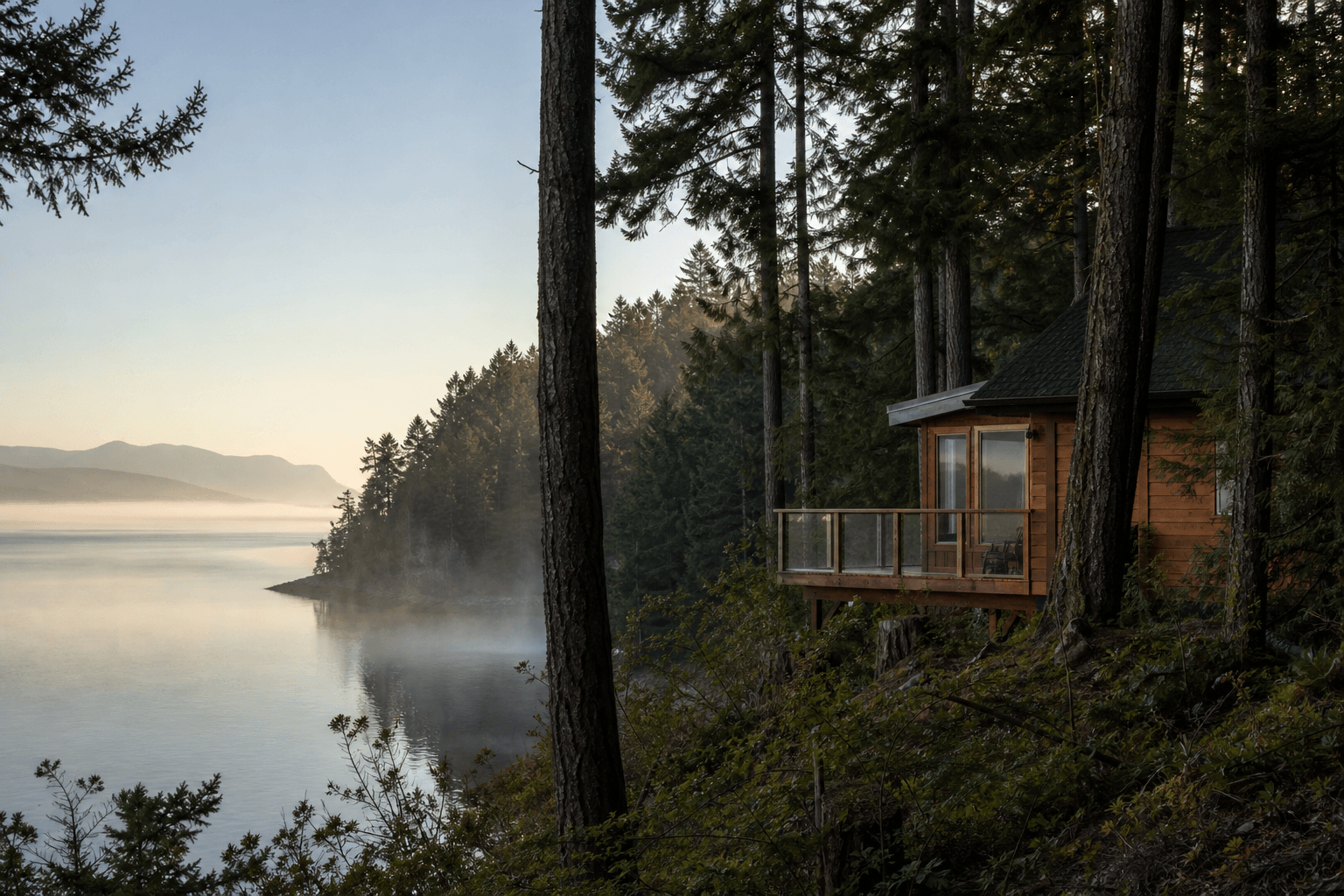 A wooden retreat cabin among tall evergreen trees with morning mist over a quiet Pacific Northwest inlet