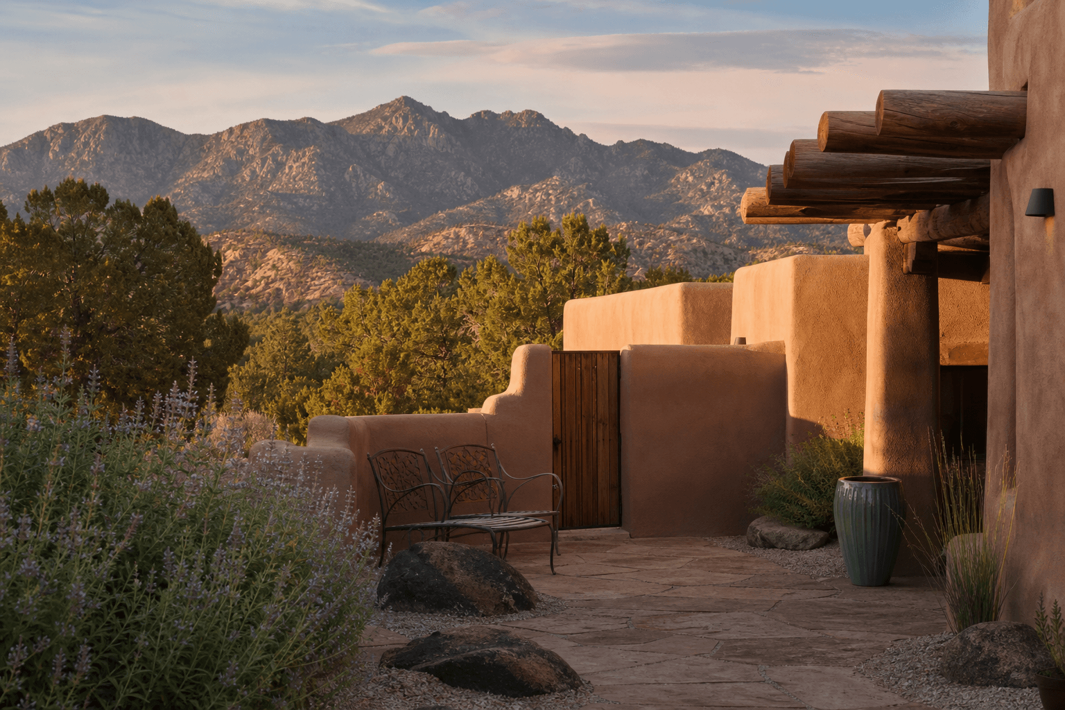 A quiet adobe retreat courtyard in the New Mexico high desert at golden hour with mountains beyond