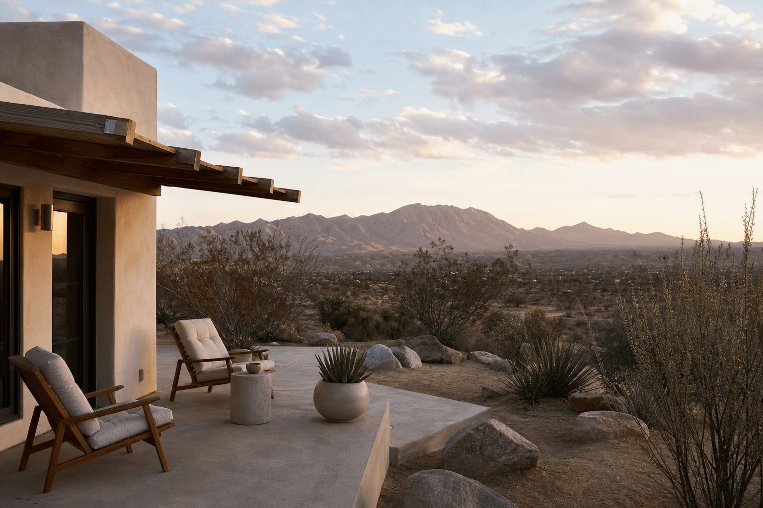 A calm desert retreat casita at golden hour with mountains and open sky in Southern California