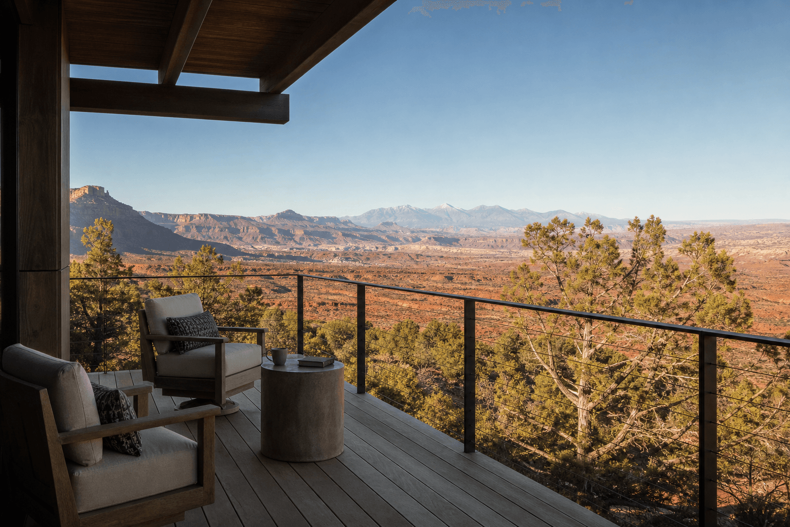 A quiet retreat deck overlooking Utah red rock canyons and distant mountains in clear morning light