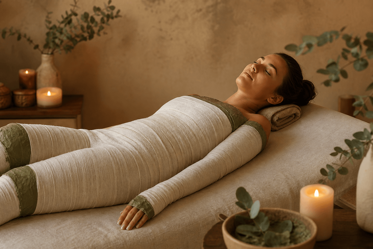 A spa treatment room with warm amber lighting, a client lying on a treatment table wrapped in white linen bandages with green mud visible at the edges, soft candles and eucalyptus branches nearby