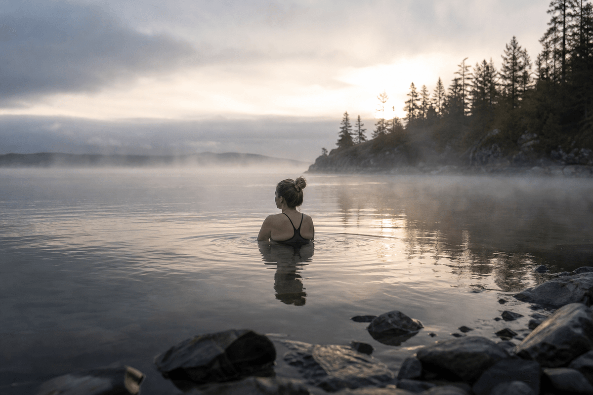 Still open water at dawn with mist rising and a quiet shoreline in soft grey light