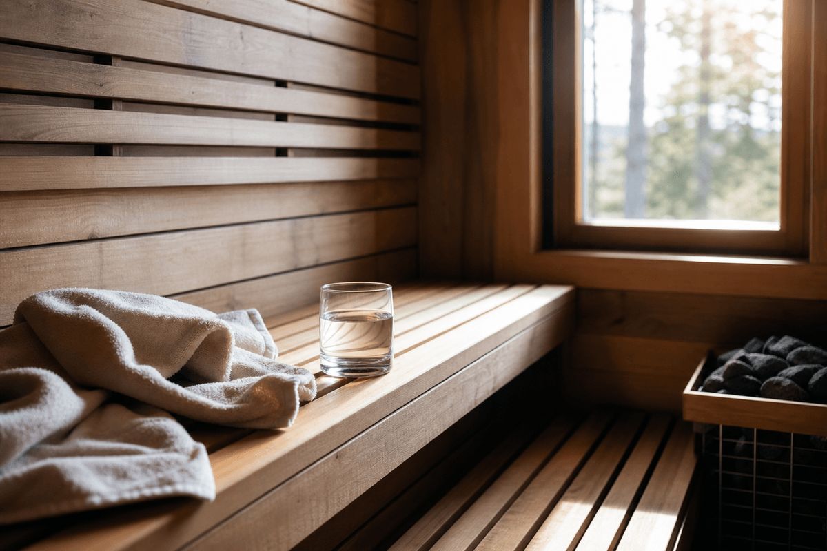 An empty wooden sauna bench with a glass of water and a towel, warm light through a small window