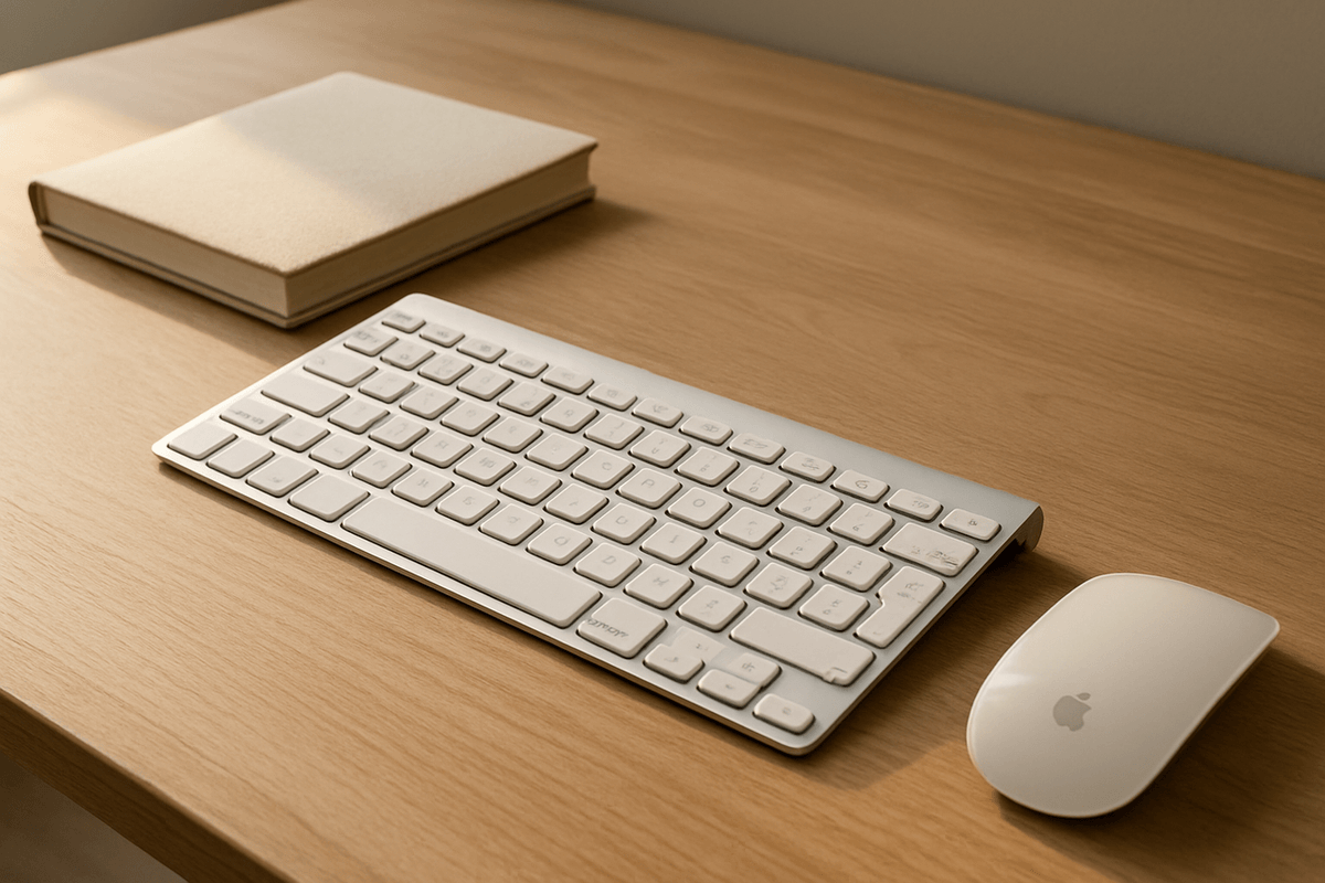 A keyboard and mouse on a tidy wooden desk in daylight