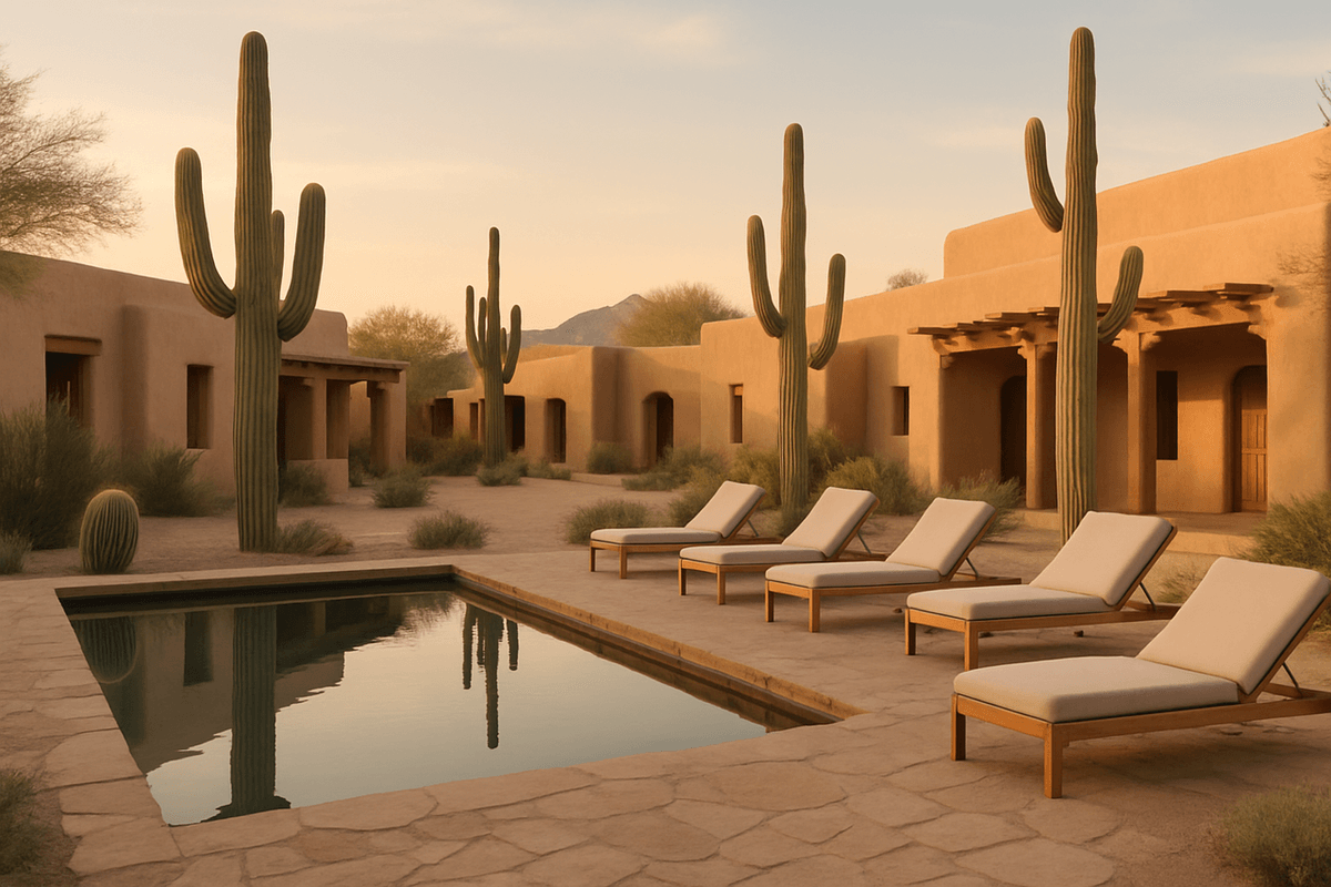 A quiet desert resort courtyard at golden hour with saguaro cactus and a still pool