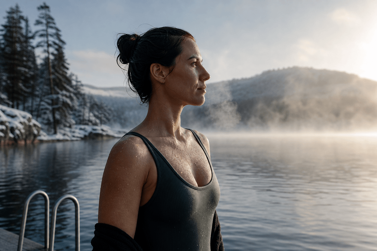 A person standing calm and alert after a cold plunge, breath visible in cool morning air