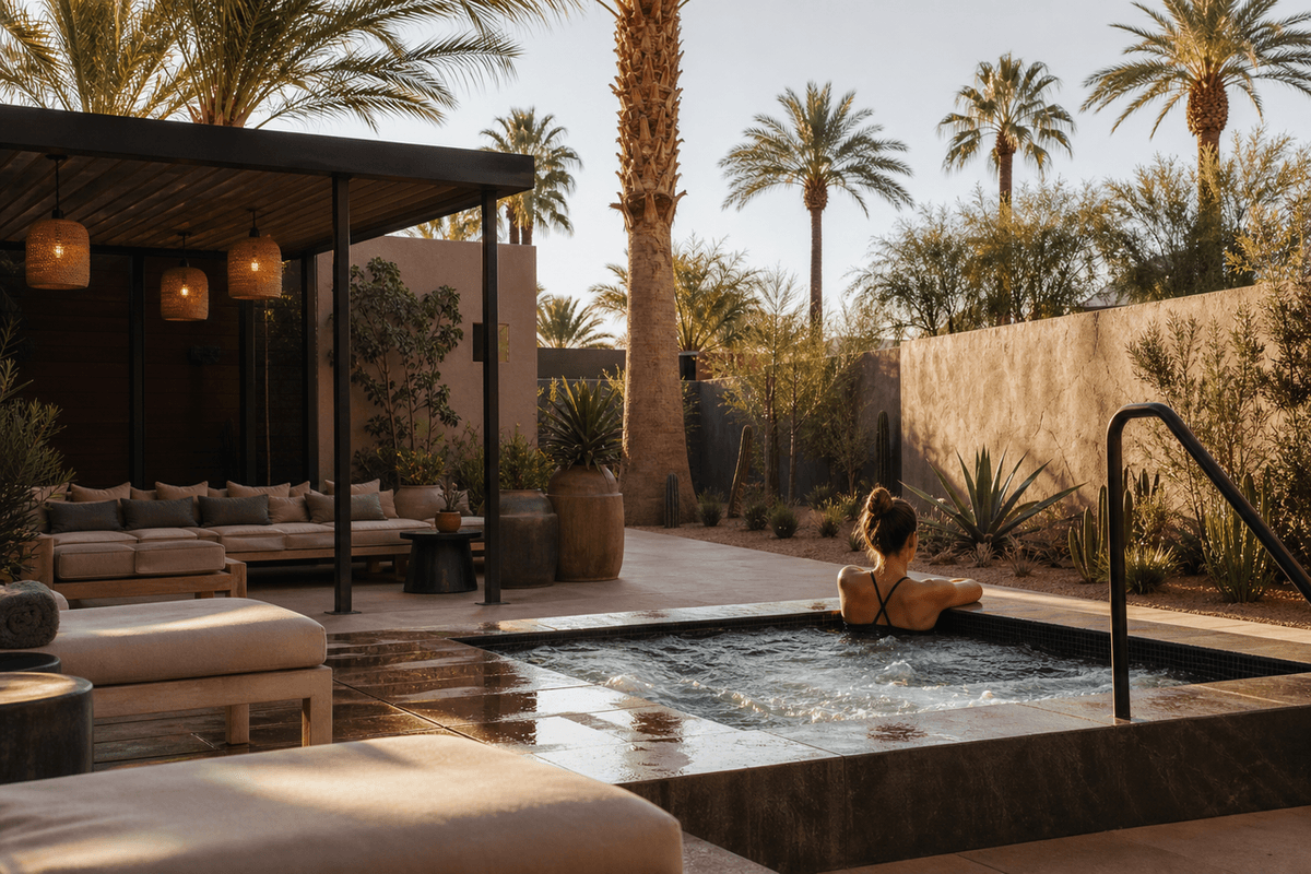 A palm-lined desert courtyard with a plunge pool and shaded recovery deck in warm afternoon light