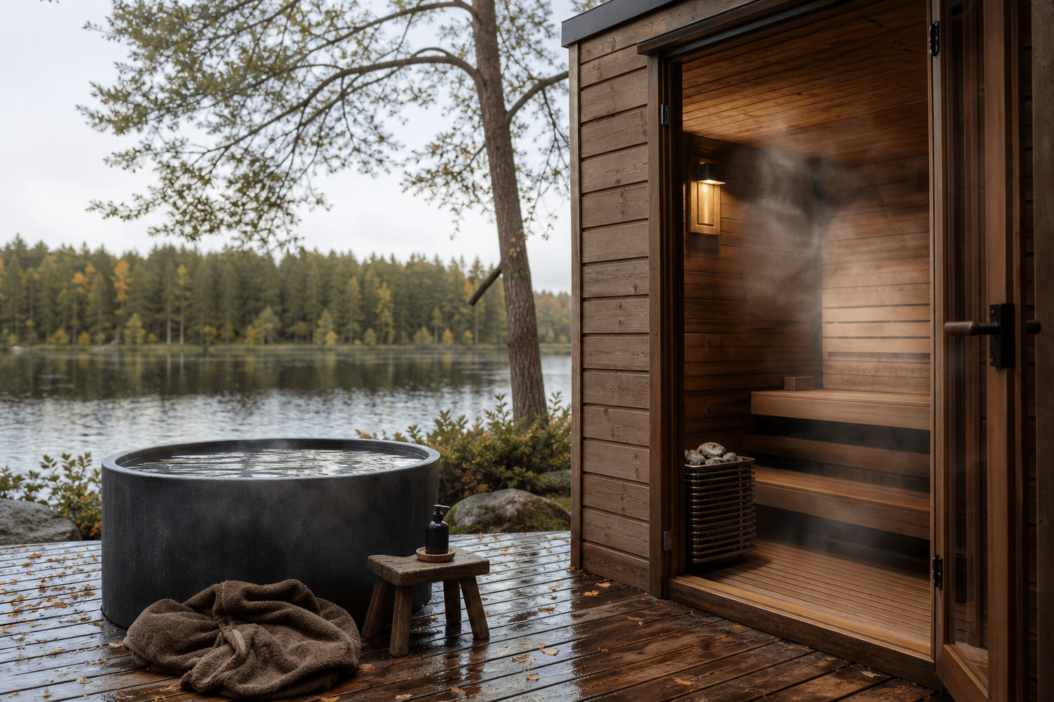A hot wood sauna next to a cold plunge tub on a calm deck, steam rising, inviting the hot-cold cycle