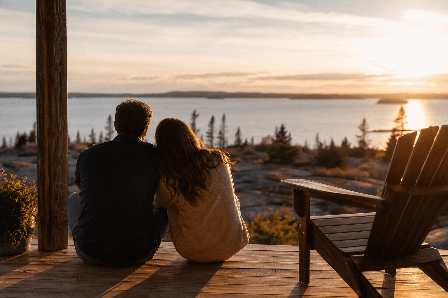 A couple sitting together quietly on a wooden deck overlooking calm nature at golden hour, relaxed and unhurried