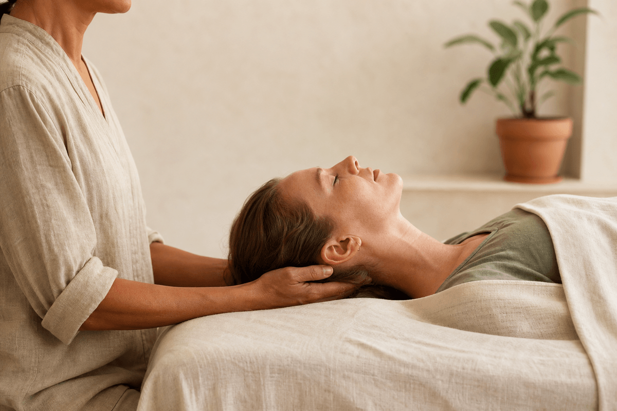 A therapist's hands cupped gently beneath the base of a client's skull on a treatment table, serene minimal room with soft natural light, a white linen drape, and a single plant in a terracotta pot on a shelf