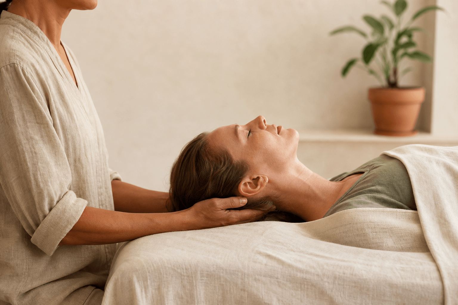 A therapist's hands cupped gently beneath the base of a client's skull on a treatment table, serene minimal room with soft natural light, a white linen drape, and a single plant in a terracotta pot on a shelf