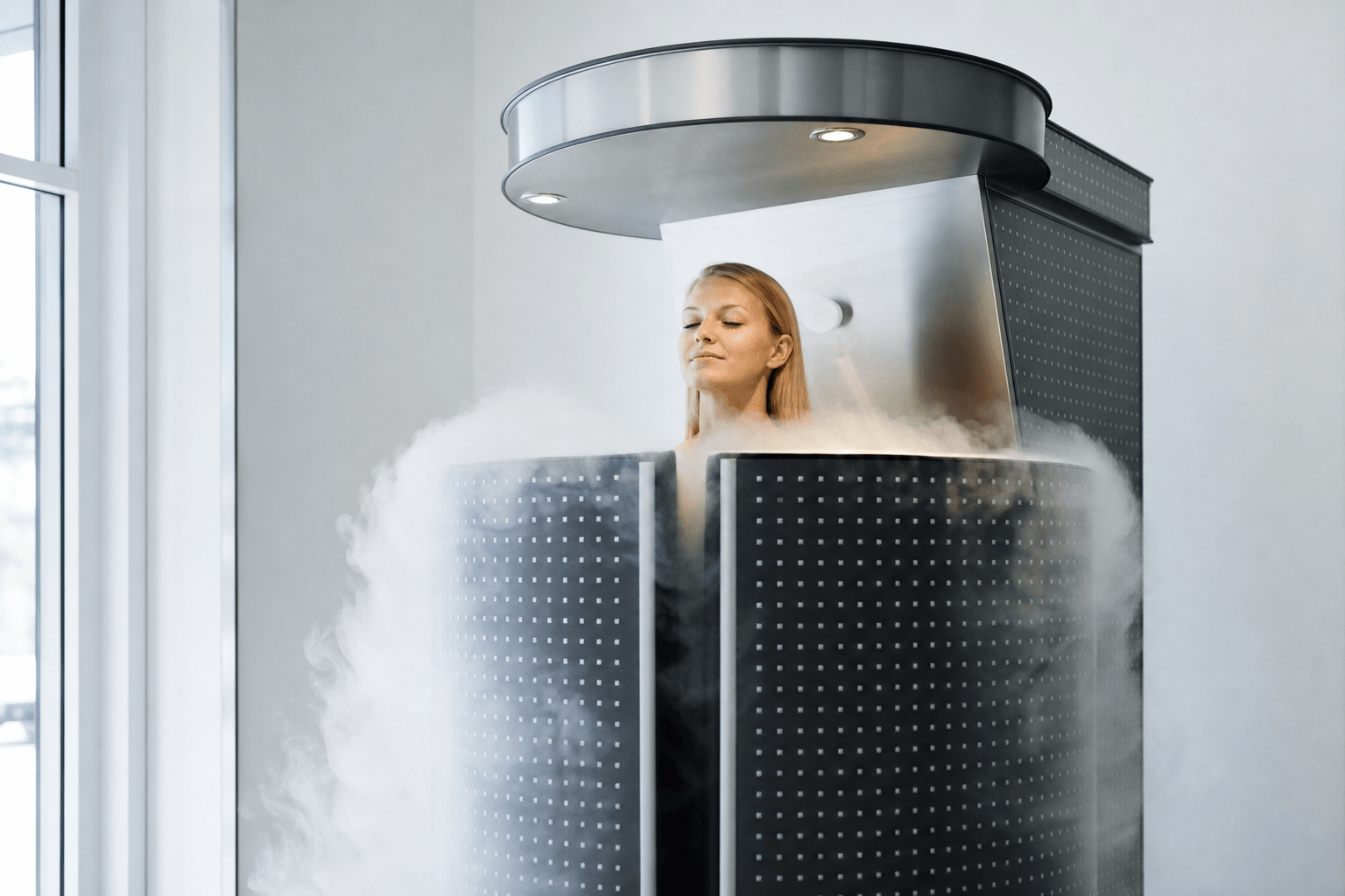 A modern cryotherapy chamber with cold vapor spilling out in a clean, clinical studio