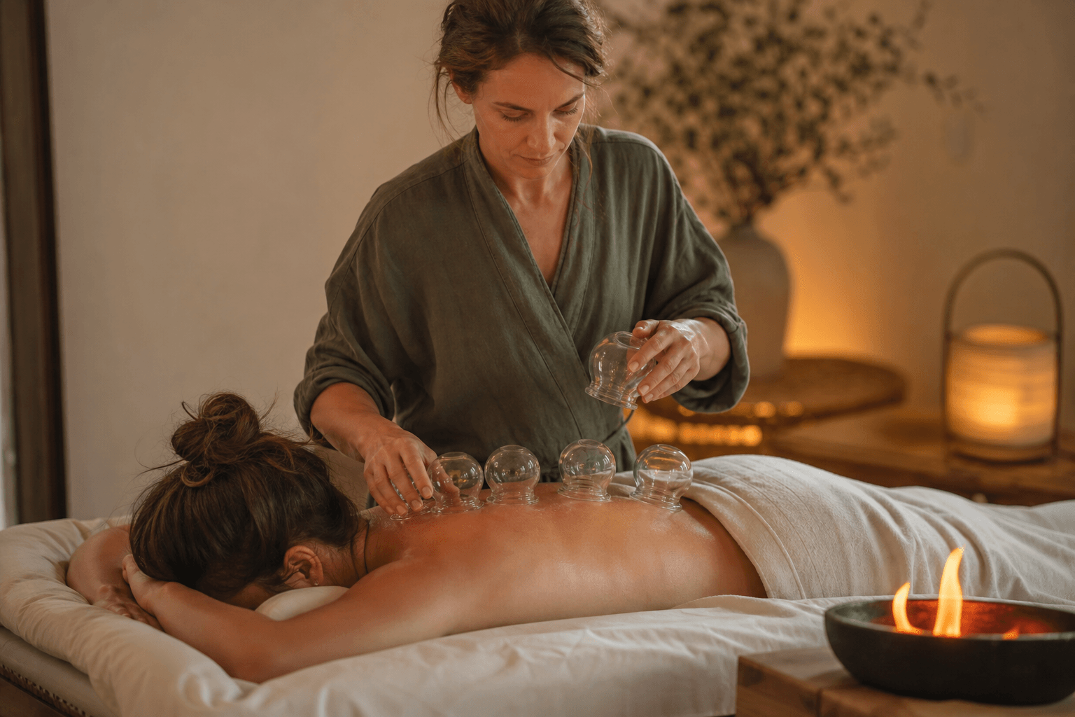 A practitioner placing glass suction cups on a client's back in a softly lit treatment room with warm amber lighting, white linens, and a bowl of flame beside the massage table