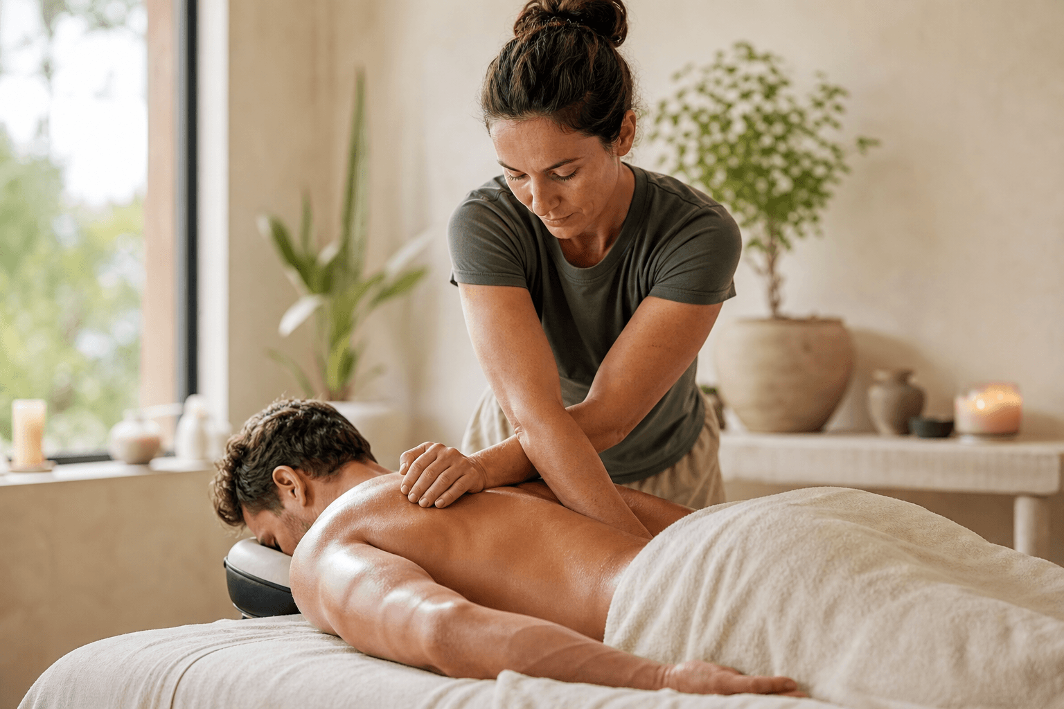 A massage therapist using forearm pressure along the upper back and trapezius of an athlete on a treatment table, clinical but warm setting with neutral linens, bright natural light from a side window