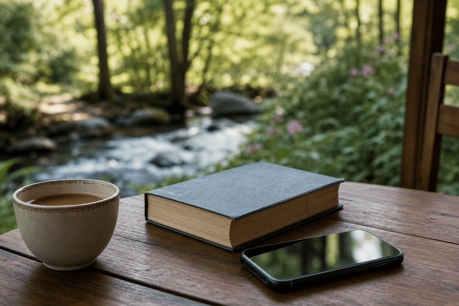 A phone set aside on a wooden table next to a book and tea, with calm nature blurred in the background