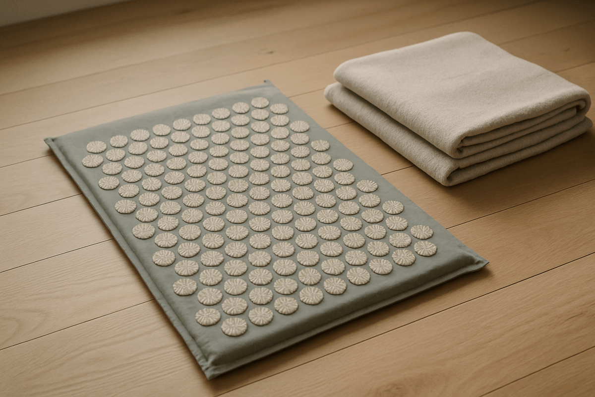 A spiked acupressure mat lying unrolled on a wooden floor in soft daylight