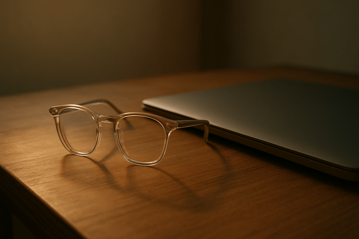 A pair of clear glasses resting beside a laptop on a desk in evening light