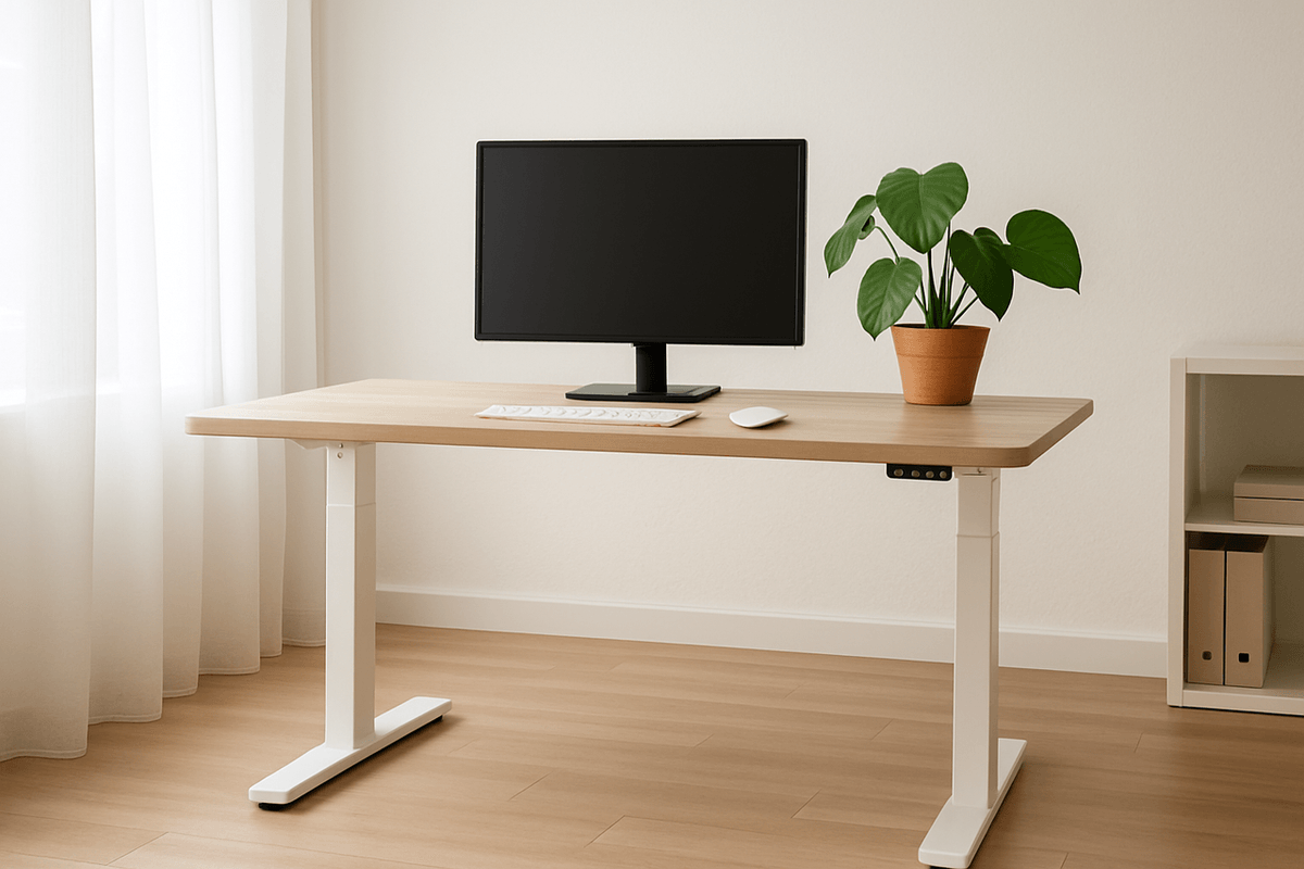 An empty height-adjustable desk in a bright home office, raised to standing height, with no people or branding