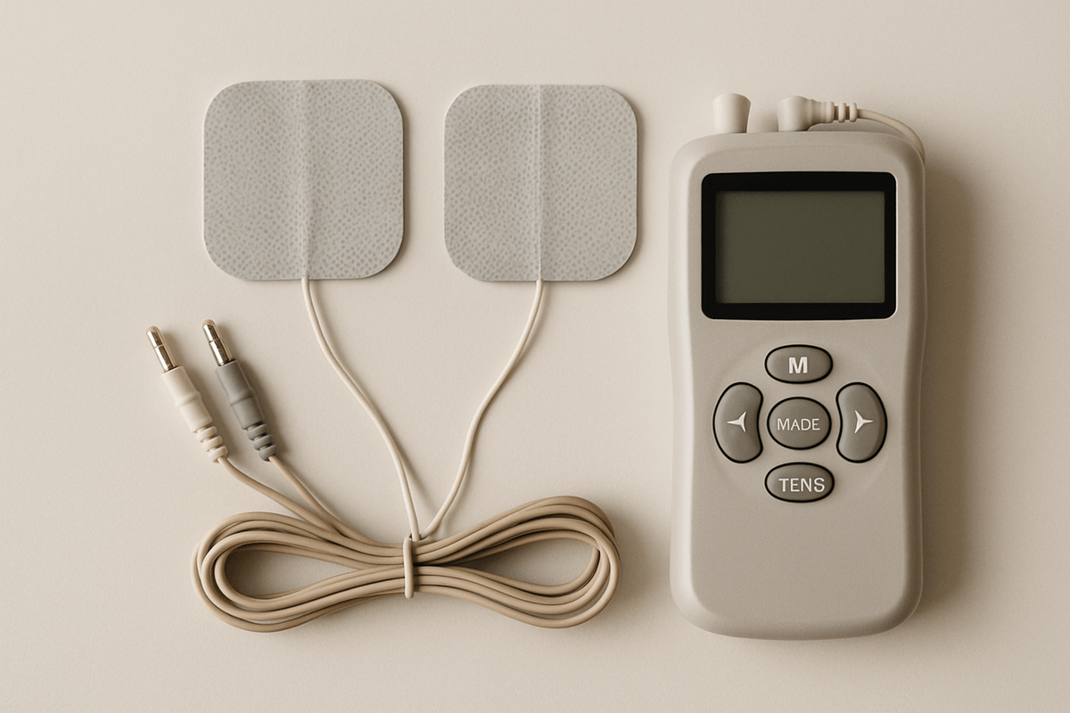 A small handheld electrotherapy device with two electrode pads and lead wires laid out on a plain surface