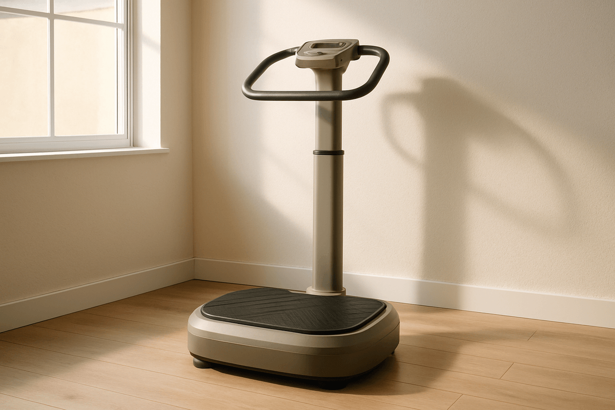 A vibration platform standing in the corner of a clean, uncluttered home gym