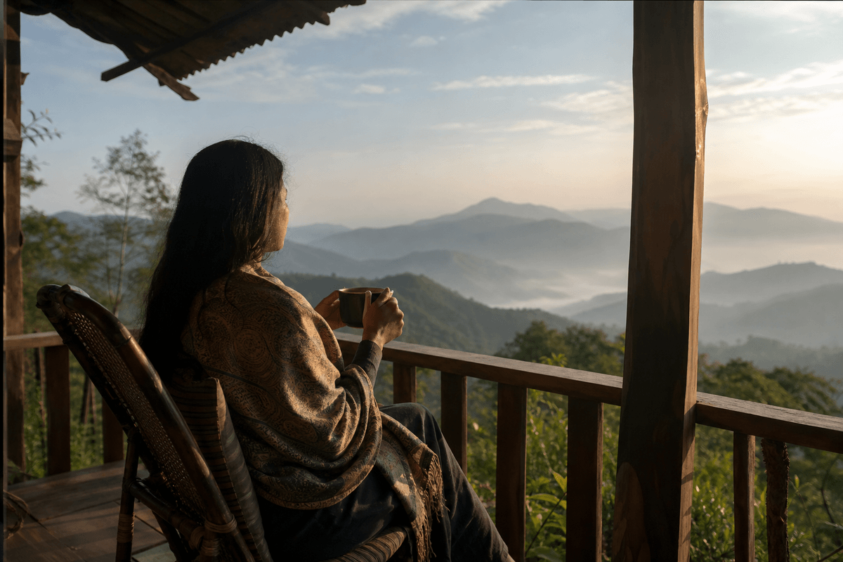A person sitting quietly on a porch at dawn with a cup of tea, calm natural light, looking out at hills