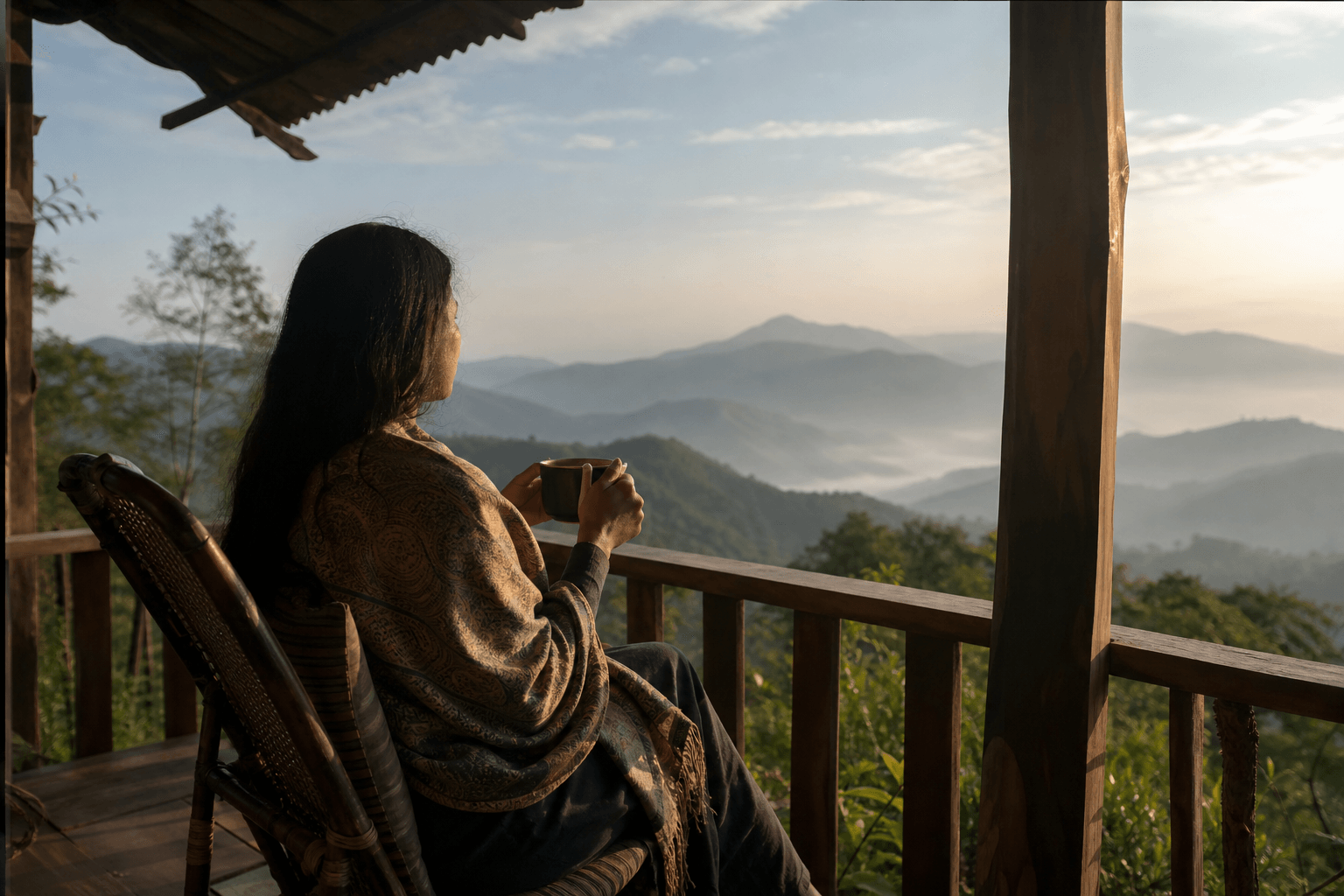 A person sitting quietly on a porch at dawn with a cup of tea, calm natural light, looking out at hills