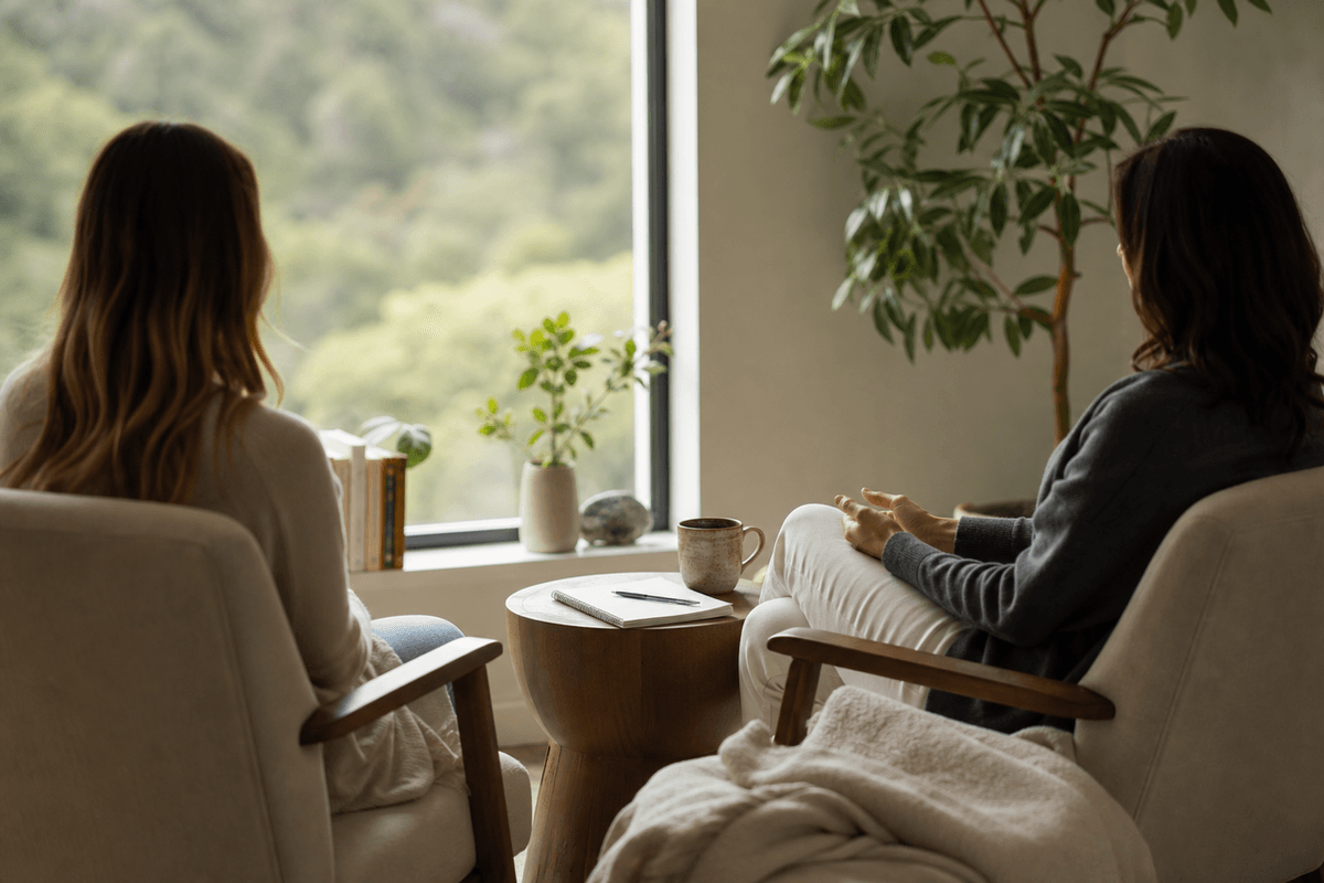 Two chairs facing each other beside a window with a notebook on a small table