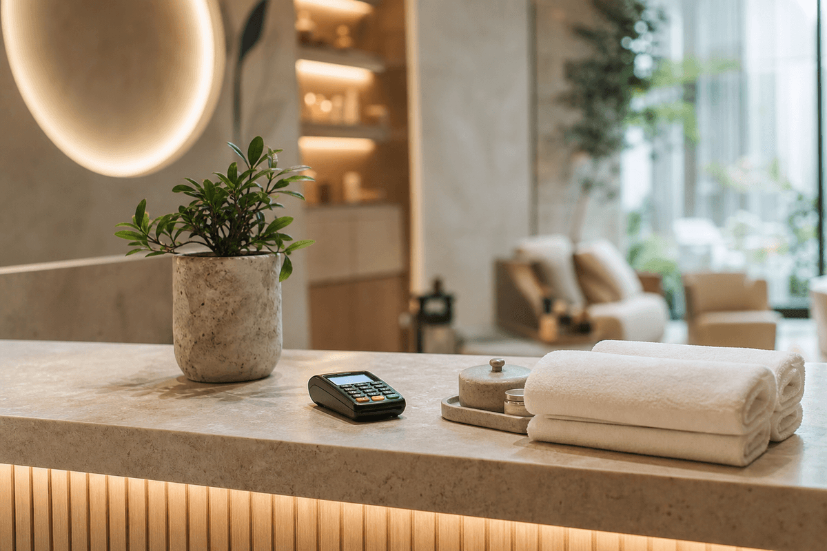 A calm spa reception desk with a card reader, a small plant, and folded towels in soft light