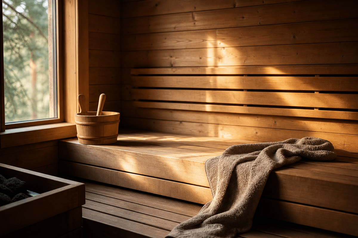 Warm low light falling across an empty wooden sauna bench, quiet and still