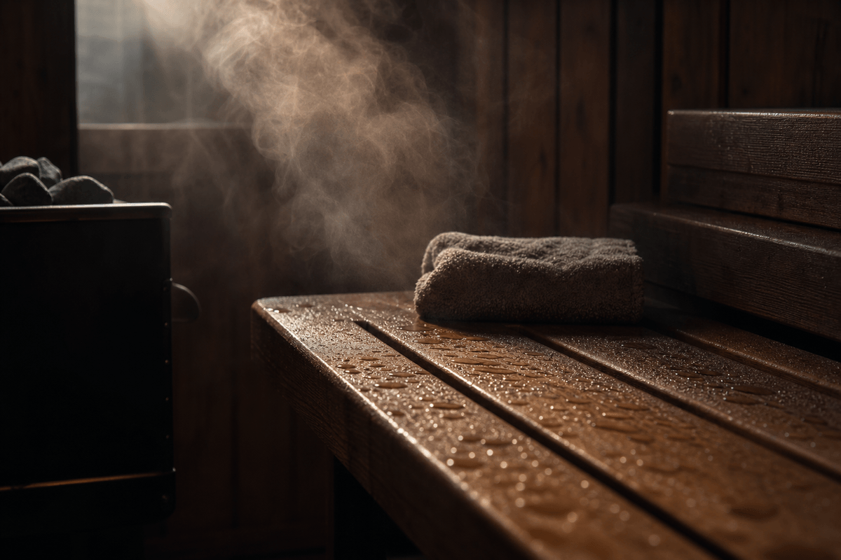 Steam rising in soft light against dark sauna wood, with water droplets on a bench