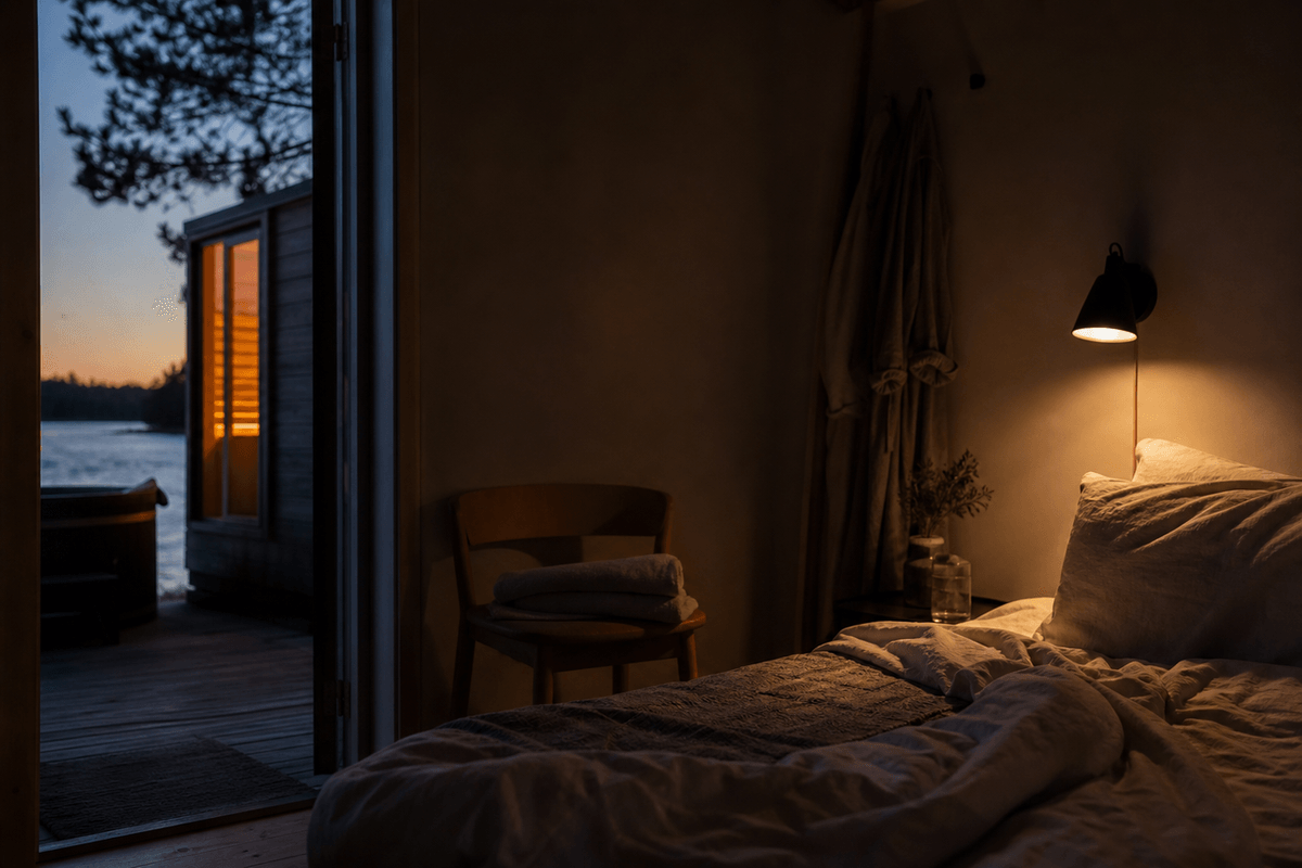 A dim, calm bedroom at dusk with soft lamplight and a folded towel on a chair, warm and quiet