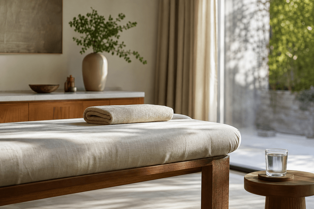An empty treatment room with a folded towel and a glass of water in soft daylight