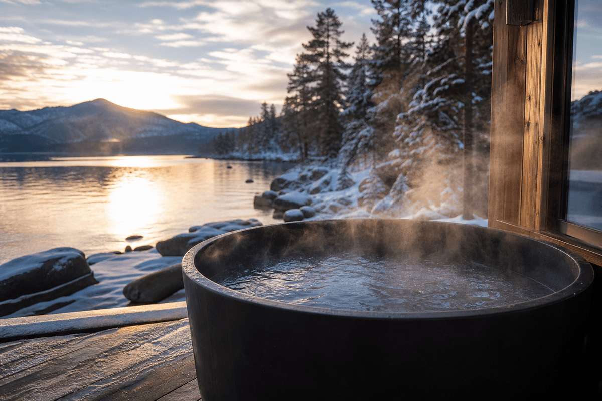 Steam rising off a cold plunge tub outdoors in cold morning light