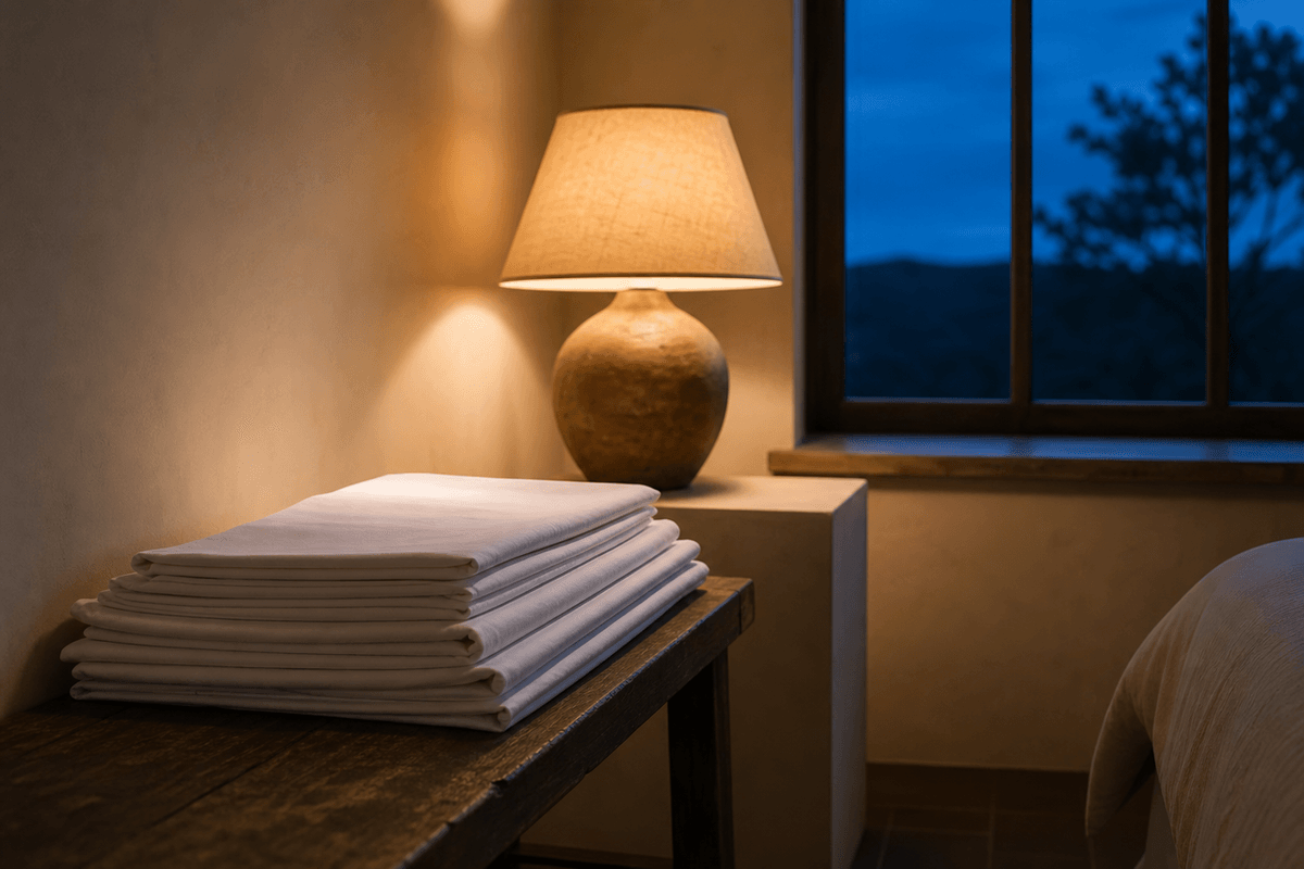 A dimly lit bedroom at dusk with folded linen and a bedside lamp turned low