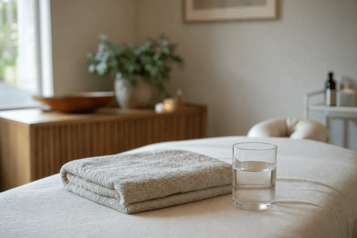 A folded towel and a glass of water on a massage table in a quiet treatment room