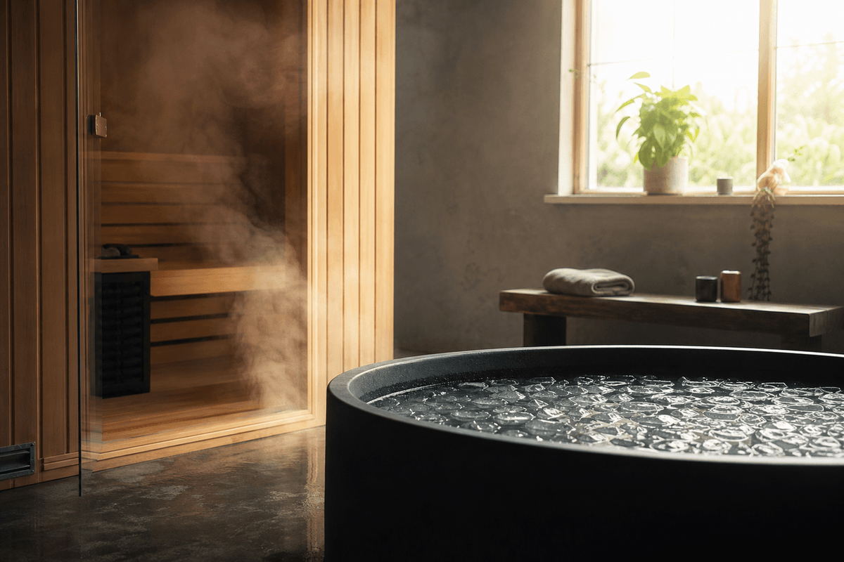 Steam rising beside a cold plunge tub in a quiet studio with early light
