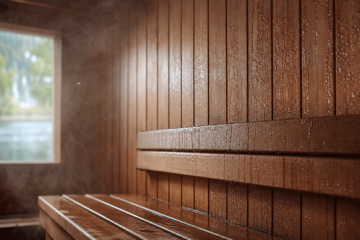 Condensation and water droplets running down the wooden wall of a hot sauna