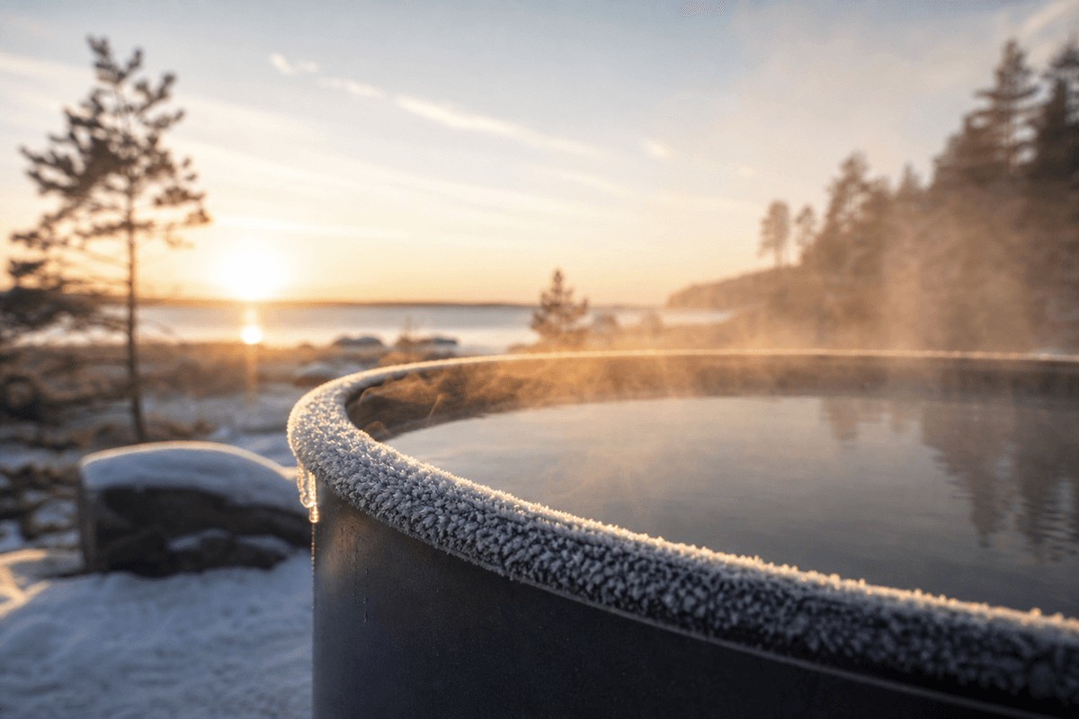 Frost on the edge of a cold plunge tub outdoors at dawn with steam rising