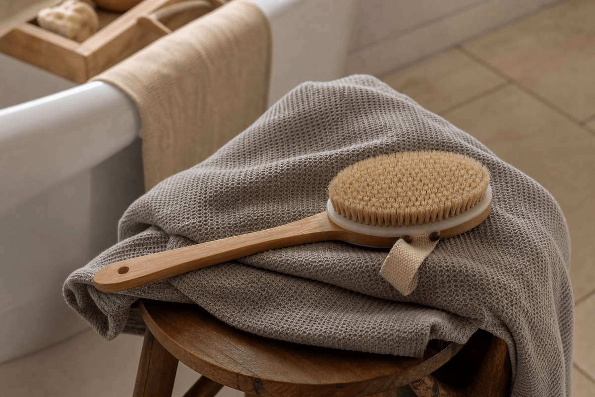 A natural bristle body brush resting on a folded towel beside a bathtub in soft light