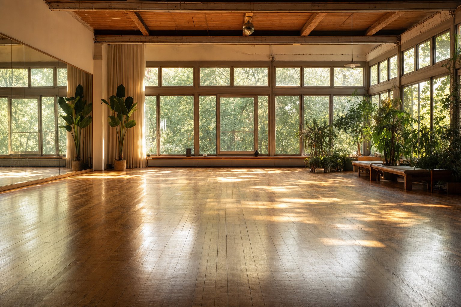 A warmly lit open studio floor set up for free-form dance, no people