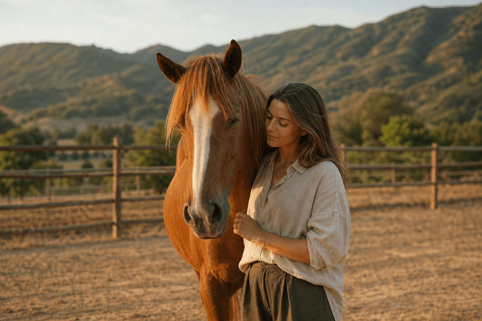 A person standing quietly beside a chestnut horse in a sunlit paddock, gently resting a hand on its neck, green hills in the soft background, warm golden-hour light, calm and grounded mood