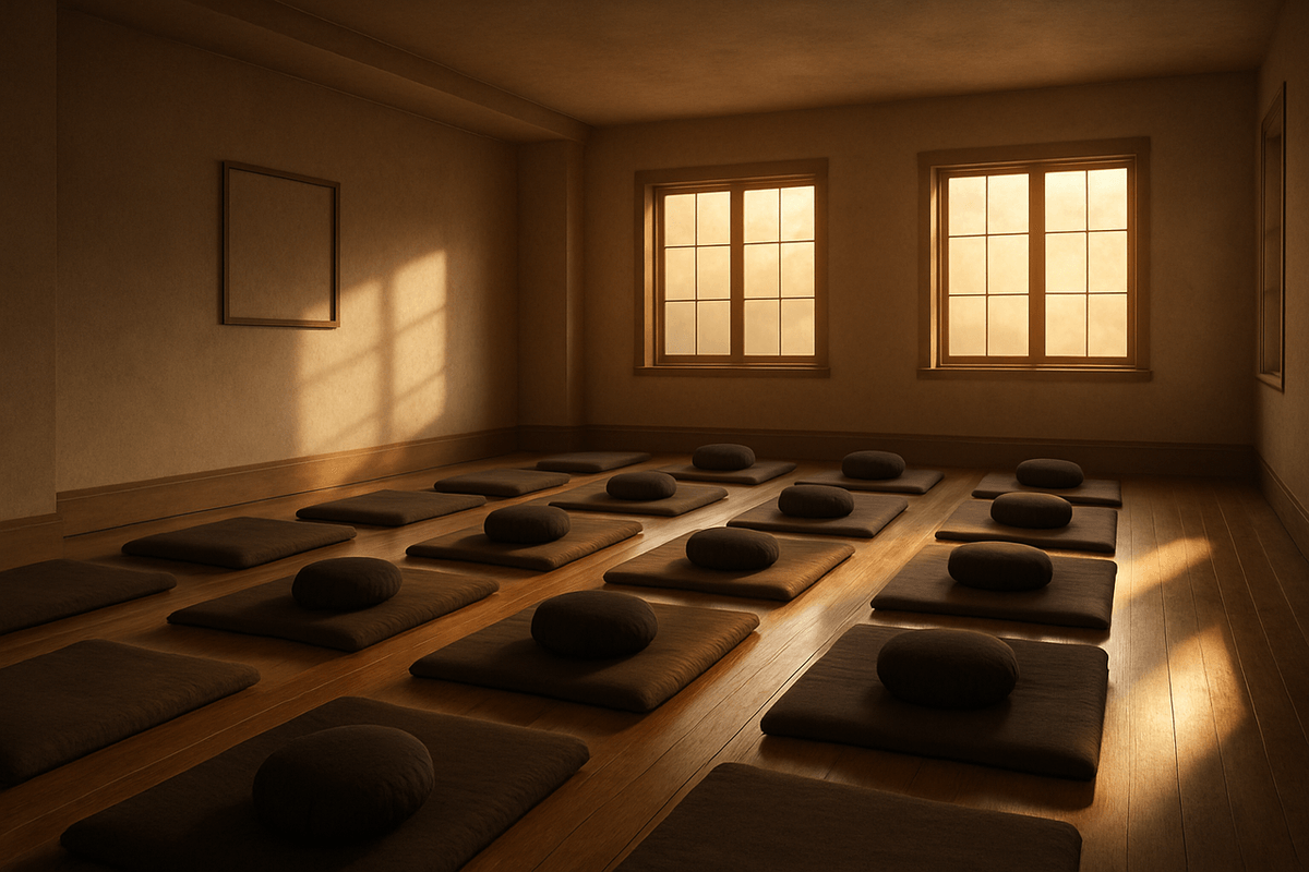 A quiet meditation hall at dawn with cushions in neat rows and soft window light
