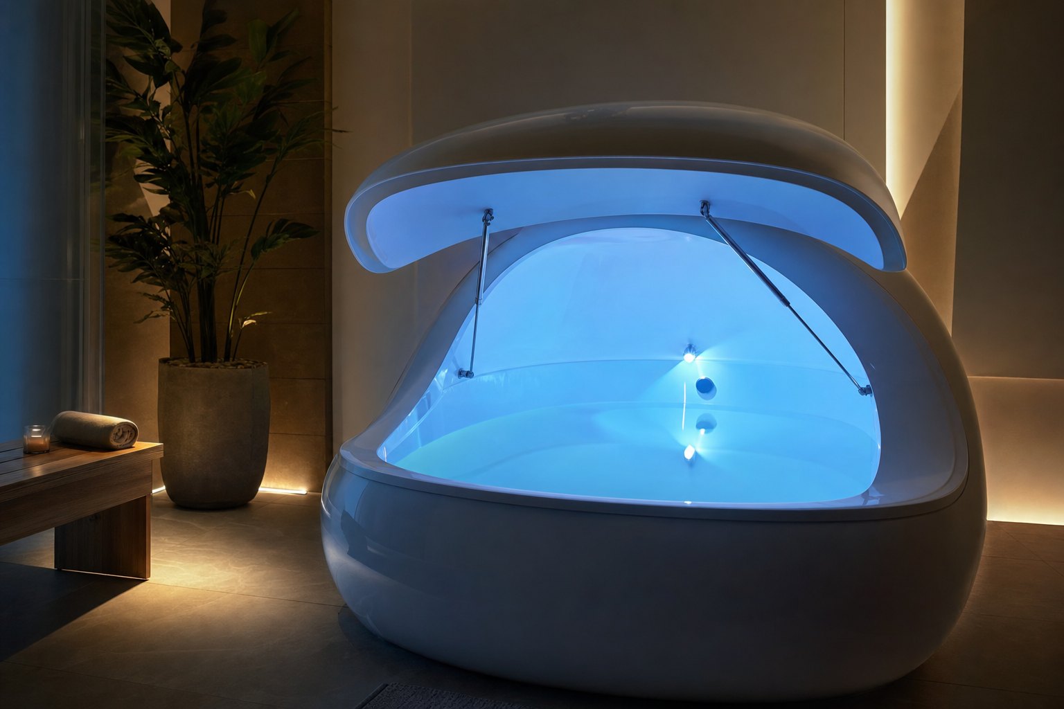 A serene float tank room with soft lighting and calm water