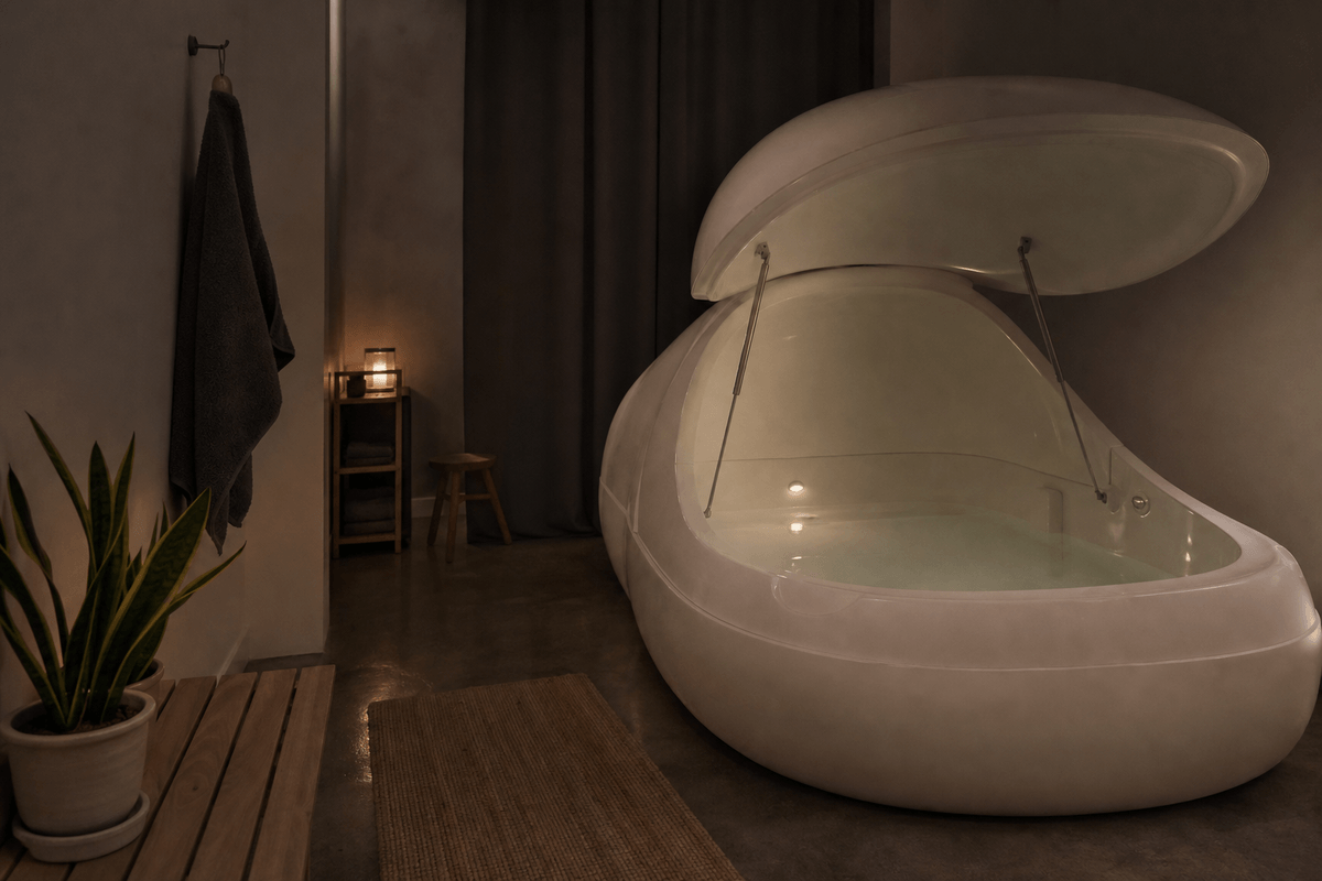 A calm, dimly lit float tank room with warm water and soft light, peaceful and minimal