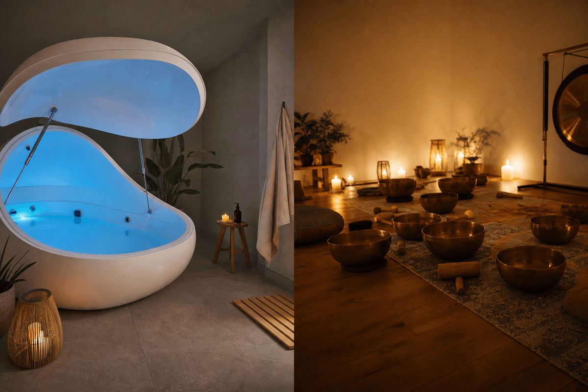 A float tank on one side and singing bowls in a candlelit studio on the other