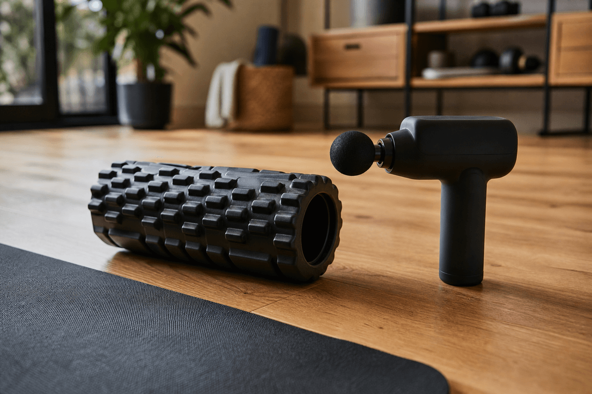 A foam roller and a percussion massage gun side by side on a wooden floor beside a mat